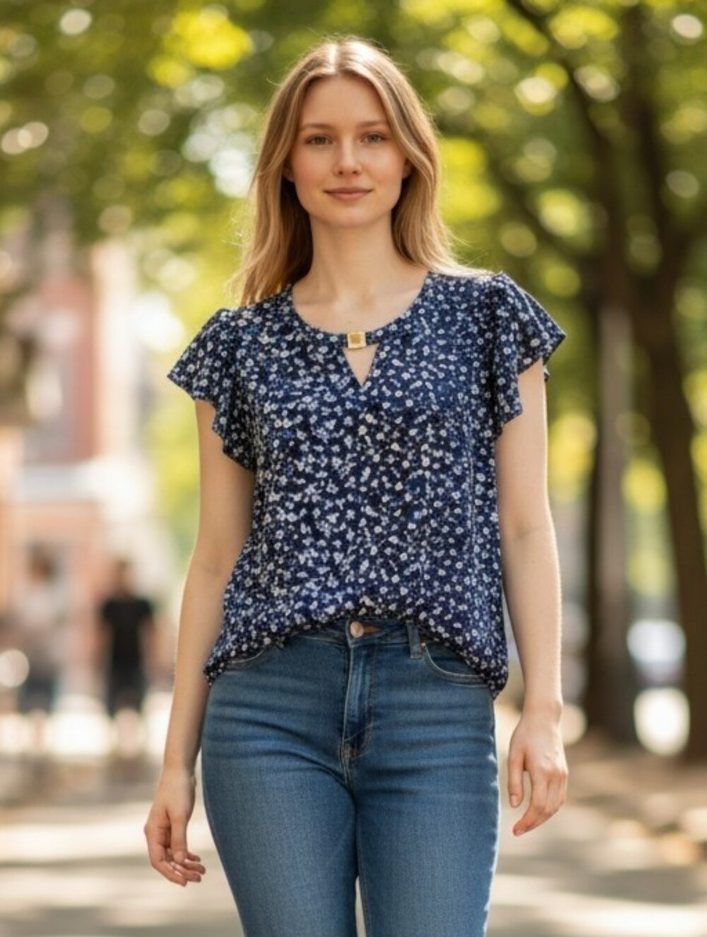 Modern Attraction  Navy Blue Floral Short-Sleeve Top